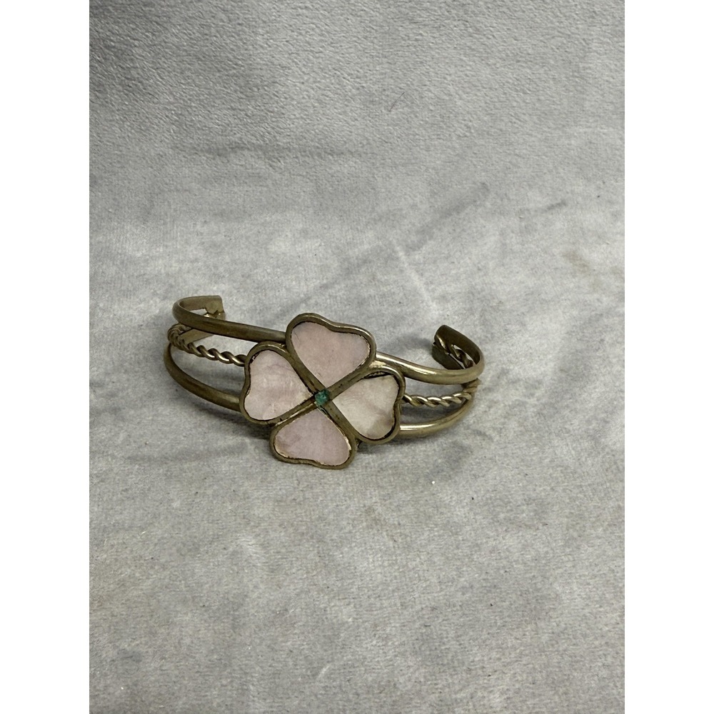 Four Leaf Clover Cuff Bracelet‎ Pink Stone Inlay Brass Shamrock Green Accent